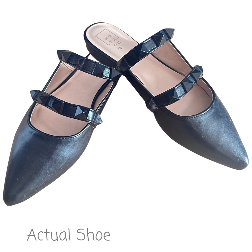 🆕 NWT ShuShop Alex Black Studded Pointed Toe Mule Flats Size 9 🖤 🥿 - Picture 3 of 6